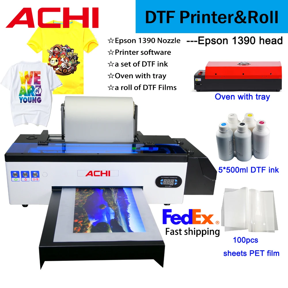 

Рулонный принтер ACHI A3 DTF, прямая пленка для футболок, худи, шляп, кожи и Epson 1390 с 5x500 мл чернилами DTF