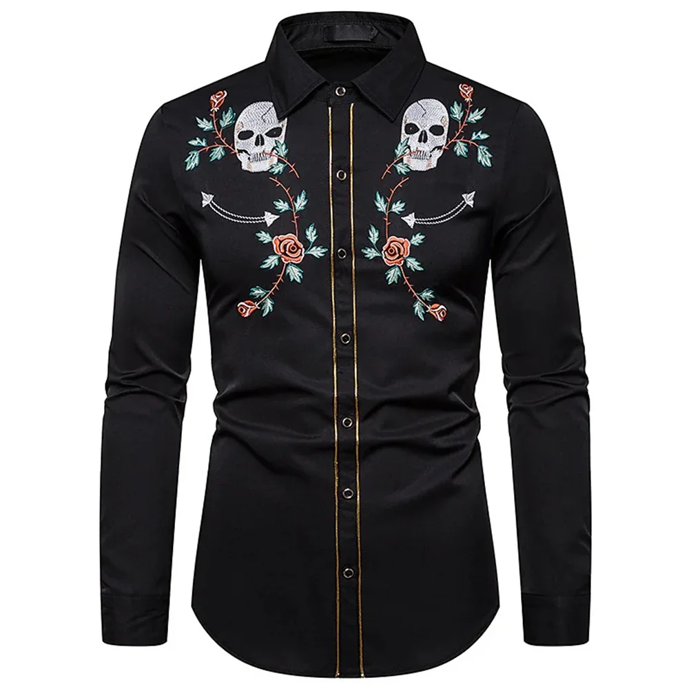 

New men's western printed shirt retro black outdoor street button long -sleeved fashion social street clothing designer 2023