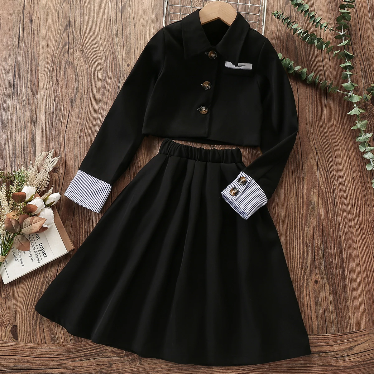 School Uniform Kids Outfits Suits for Girls Black Sets Children Clothes Coat & Dress 2pcs Teenagers Costumes 4 5 6 8 10 12 Years