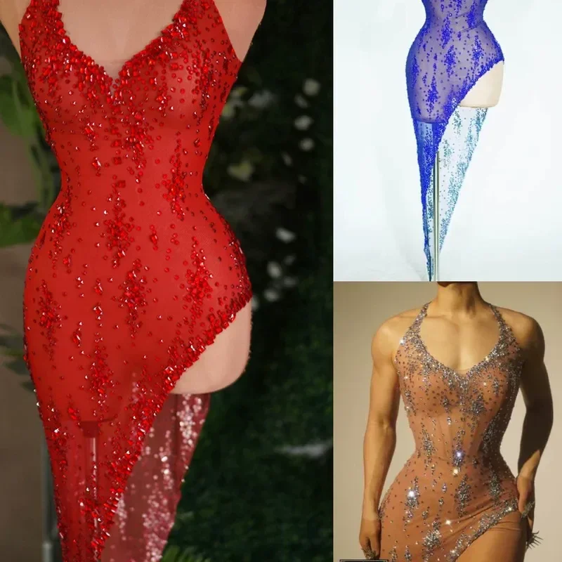 Women AK Costume Dress Full Rhinestone Galaxy Print Slit Neck Long Sleeve Stage Performance Outfit for Singer Model Nightclub