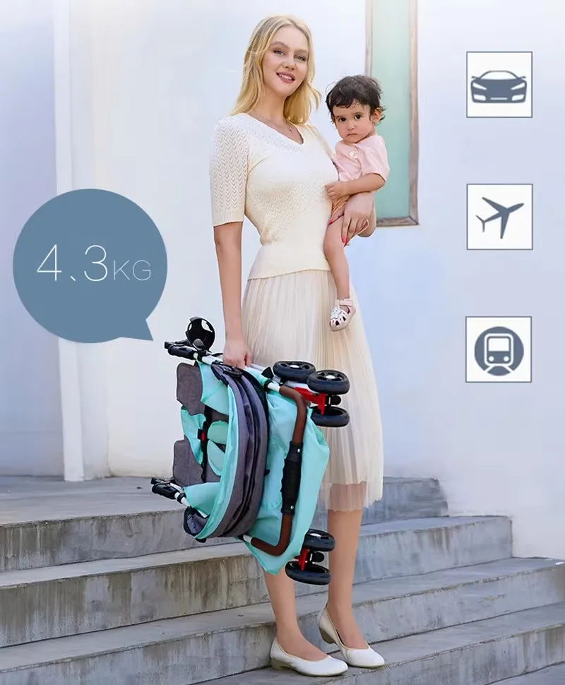 Kereta Dorong Bayi Ringan Kursi Berbaring Dapat Dilipat Satu Tangan Lipat Segala Medan Roda untuk Perjalanan Luar Ruangan Bayi Balita Baru Lahir