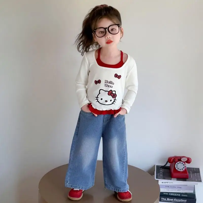 

Sanrio Hello Kitty Pullover Jeans Sets Girl Tops Casual Pants Spring Fall Children Kawaii Anime Cartoon Fashion New Clothing Hot