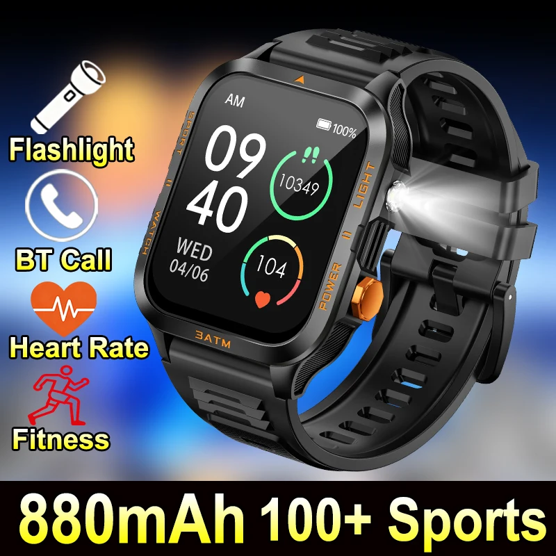 

Men Women Outdoor Sports Smart Watch Strong Flashlight 880mAh Watches 1.96-inch HD Bluetooth Call Heart Rate Monitor Smartwatch