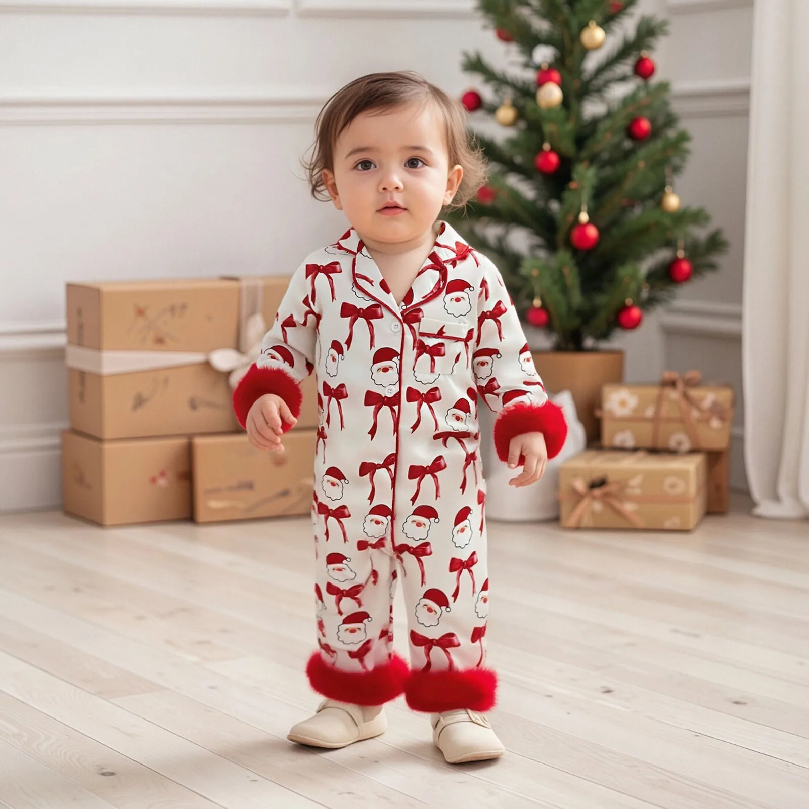 

Рождественские атласные пижамы для маленьких девочек с отложным воротником и длинными рукавами, Санта-Клаус, бант с принтом, пуговицы, пушистые манжеты, подол, одежда для сна