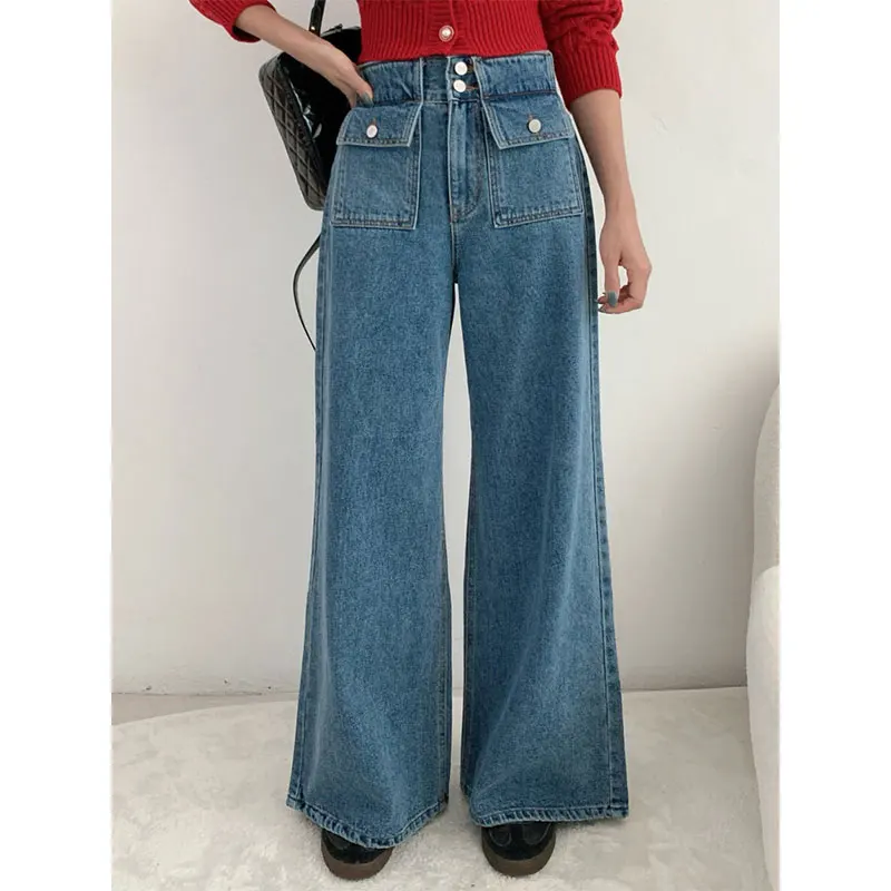 

Невобычные универсальные широкие джинсы с высокой талией, женские ретро-дизайны, прямые повседневные длинные брюки с эффектом похудения