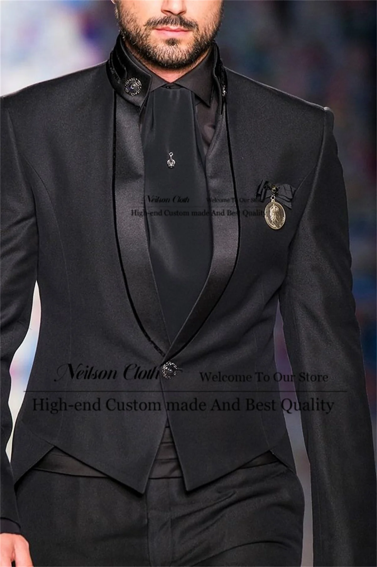 

Fashion Black Male Prom Blazers 2 Pieces Sets One Button Groom Wedding Tuxedos Customized Stand Collar Tailcoat Costume Homme