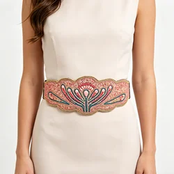 Flower Rice Bead Women Belt Ethnic Statement Wide Elastic Body Belt for Women Dancing Party Dress Accessories