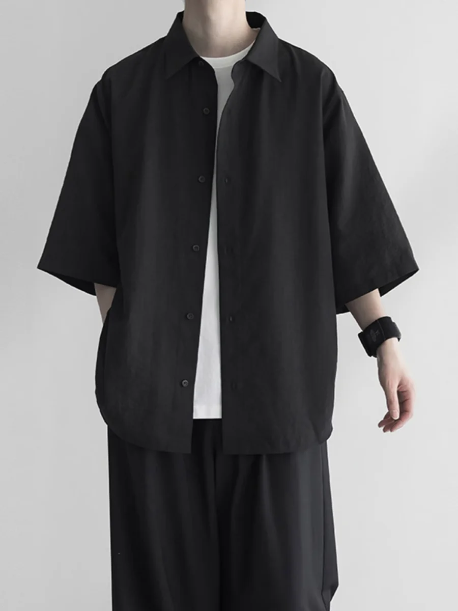 

k Sle Men's ort Sve irt Summer New Ice Silk Thin Outerwear Loose Fit Youth Trend arp Pr Color Woven Fabric