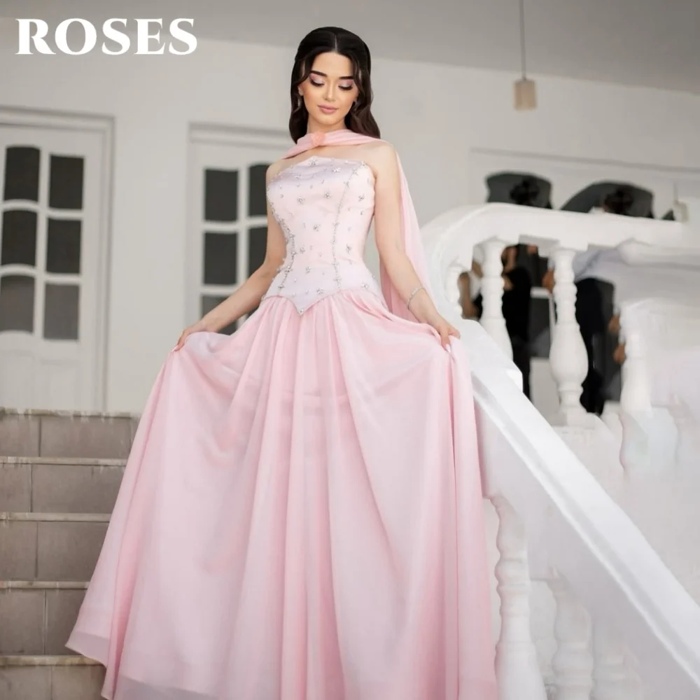 

ROSES Pink Colored Satin Party Dresses Chic Grand Strapless Night Dress with Beaded Scarf A-Line Wedding Party Dress Customized