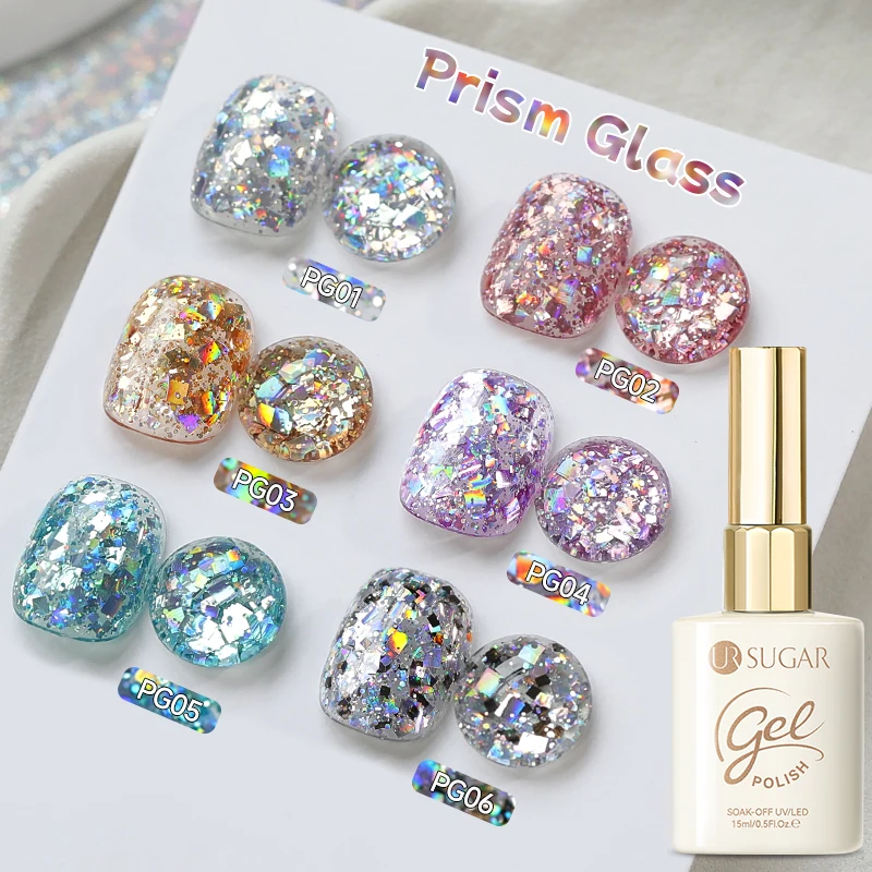 UR SUGAR – Lot de 6 vernis à ongles gel pailleté épais, paillettes argentées brillantes, kit de vernis gel UV LED à retirer par trempage, pour manucure et nail art estival