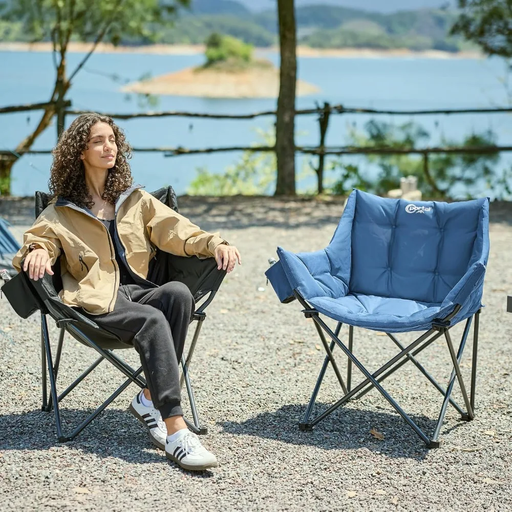 Oversized Padded Camping Chair - Heavy Duty Folding with Cup Holder & Pocket, Supports 350 lbs, Ideal for Outdoor Activities
