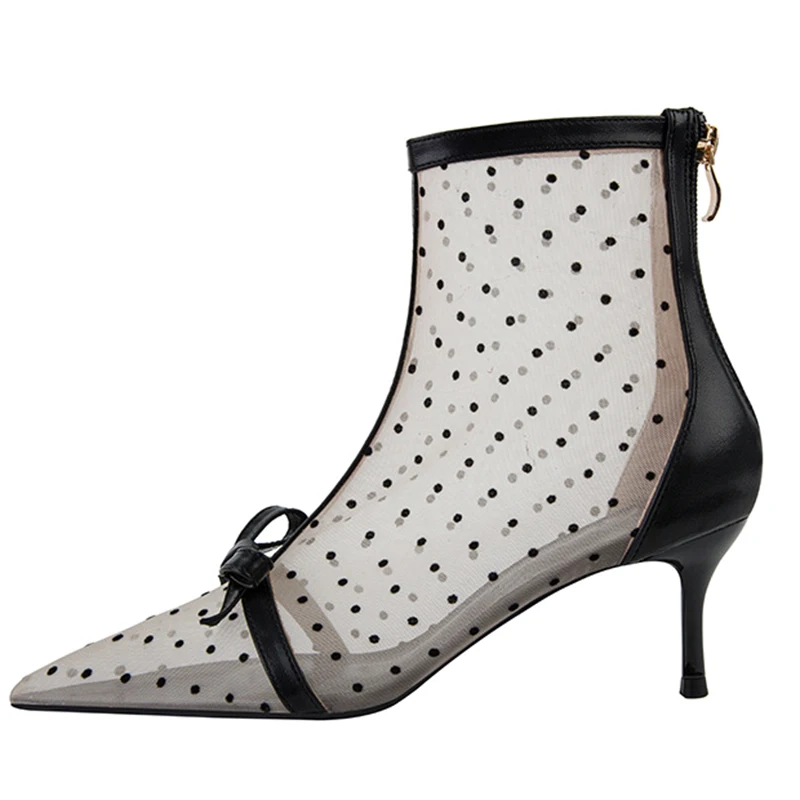 Women\'s Korean-Style Sexy Fashion Pointed Mesh Polka Dot Breathable Hollow Bow Stiletto Ankle Boot Party Summer Casual for Woman