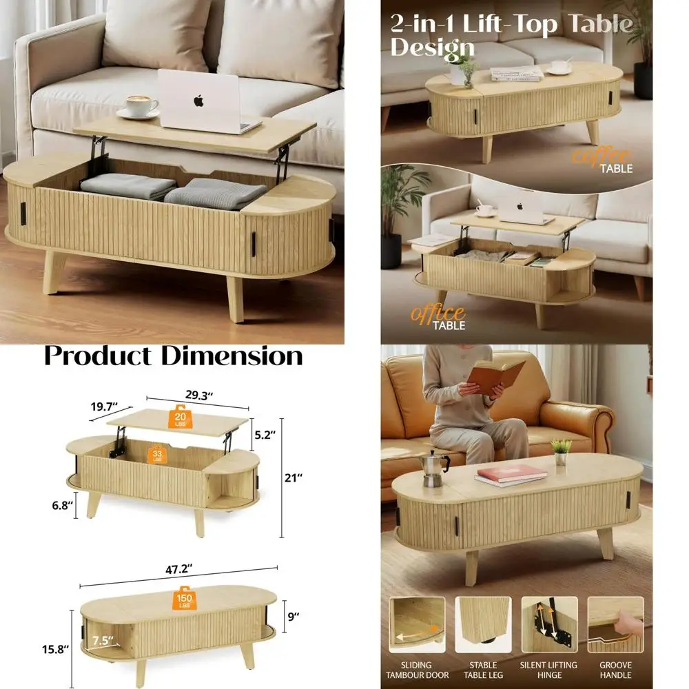 

Modern Lift-Top Coffee Table with Storage for Living Room, 47.2 Fluted Wood Center Table, 180° Sliding Top Functionality