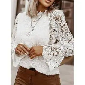 

Women's Long Sve Lace Top Stand Collar Loose Fit Polyester Fiber Pure Color Spring 202 Faion Splicing Proc