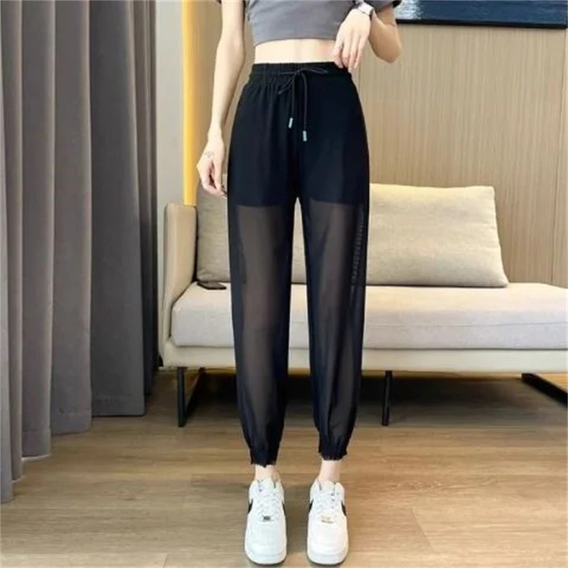 Women Clothes Summer Trendy Sexy Mesh See Through Ice Silk Harem Pants Female High Waist Sports Thin Trousers Casual Pantalones