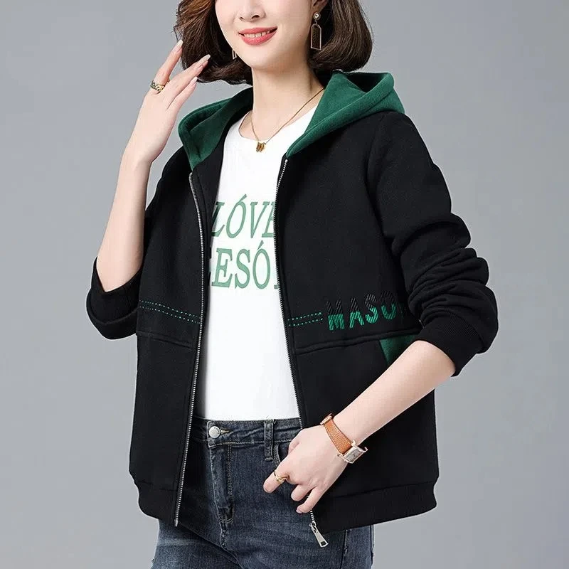 Mother\'s Cardigan Sweatershirt For Women spring and autumn 2022 New Loose Patchwork Hooded Short Coat Female Print Jacket