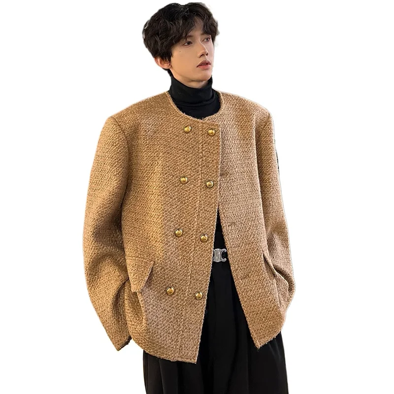 Men Double-breasted French Retro Loose Casual Woolen Short Jacket Man Korean Streetwear Show Fashion Coat Autumn Outerwear