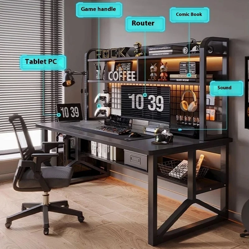 مكتب دراسة للطلاب باللون الأسود، مكتب حديث، مكتب كمبيوتر قوي مع رف، إطار معدني على شكل حرف Y، طاولة كمبيوتر للألعاب للاعب المنزلي