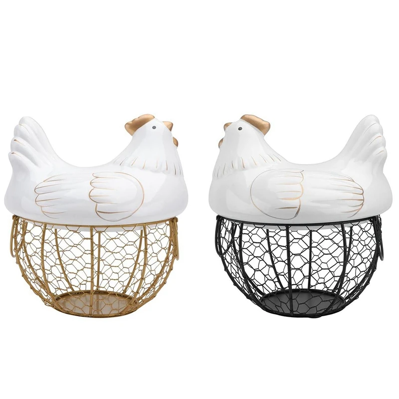 Ceramic Iron Chicken Egg Basket Holder Snack Fruit Sundries Storage Box Hen Ornaments Container Organizer Rack