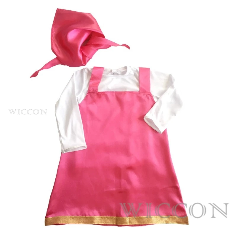 Halloween Masha Cosplay Anime Costume Outfit for Girls Pink Dresses Tshirt Head Scarf Cosplay Skirt Set Carnival Dress Up Party