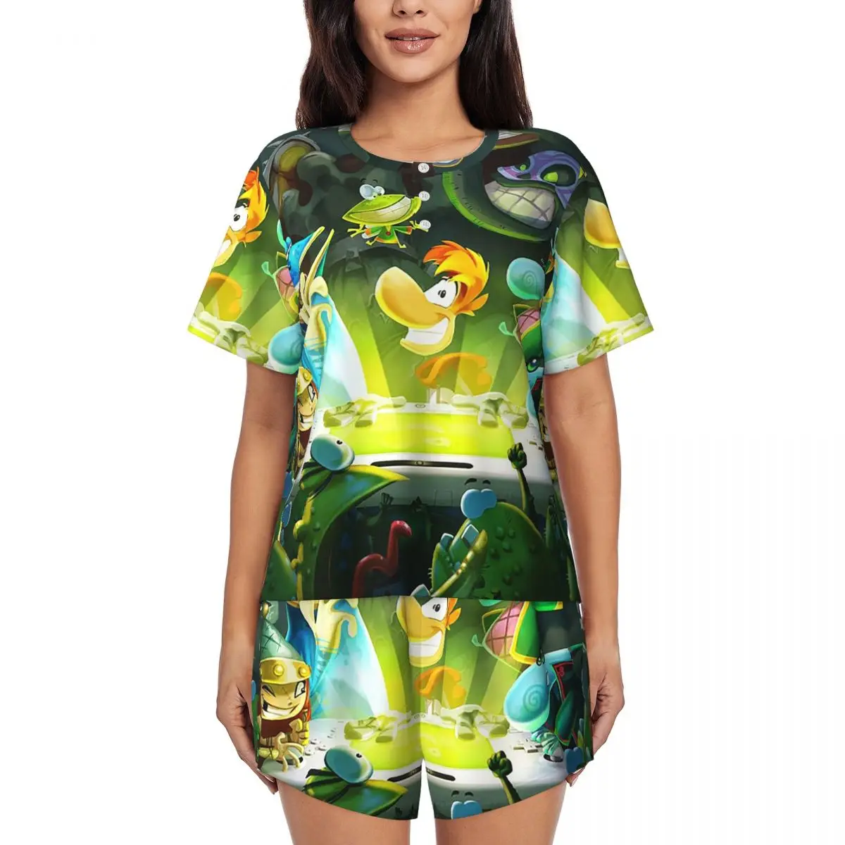 

Cartoon Games Rayman Legends Round Neck Short Sleeves Nightdress for Sleeping Sleepshirts Women Soft Pajama Set Short Pants