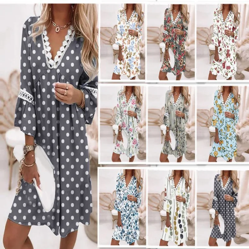 

2025European and American New Spring VBohemian Style Casual Vacation Dress with Printed Lace Patchwork
