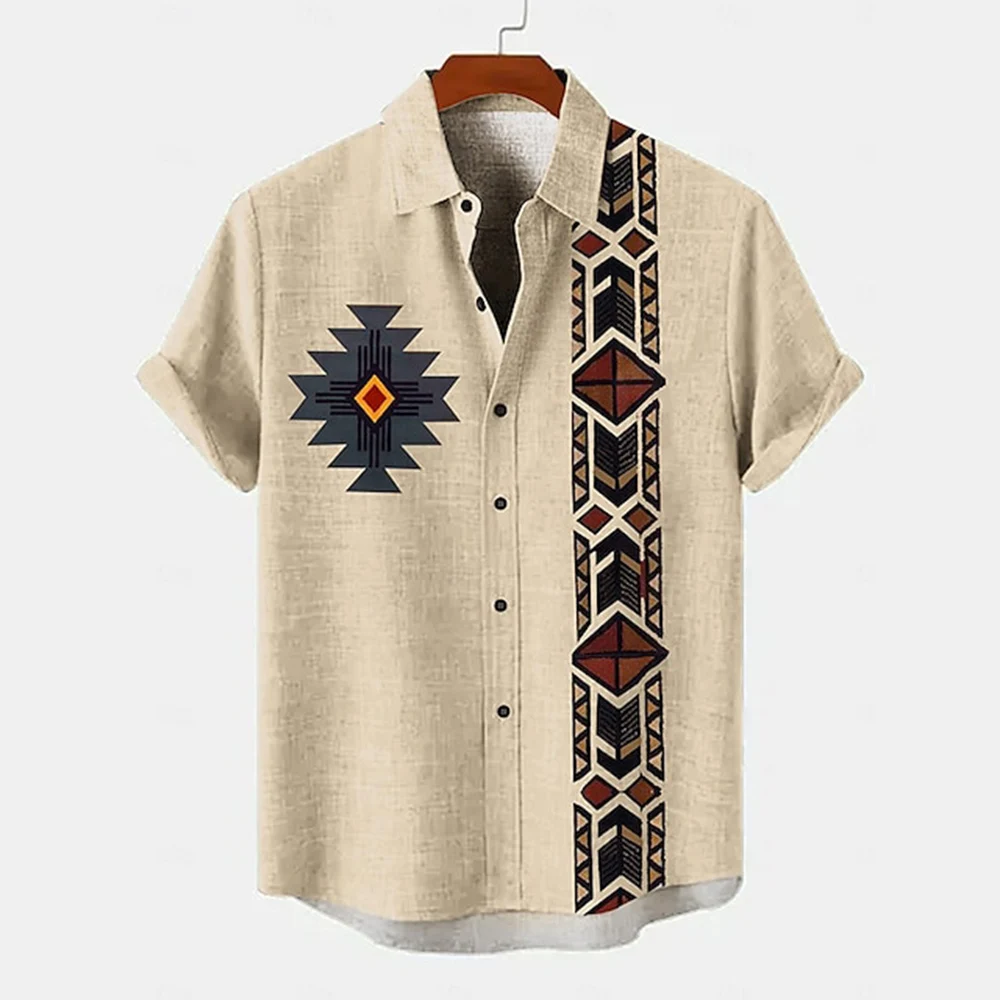 Vintage Men\'s Shirt Ethnic Pattern Print Short Sleeve Lapel Shirts Summer Male Oversized Clothing Fashion Casual Streetwear