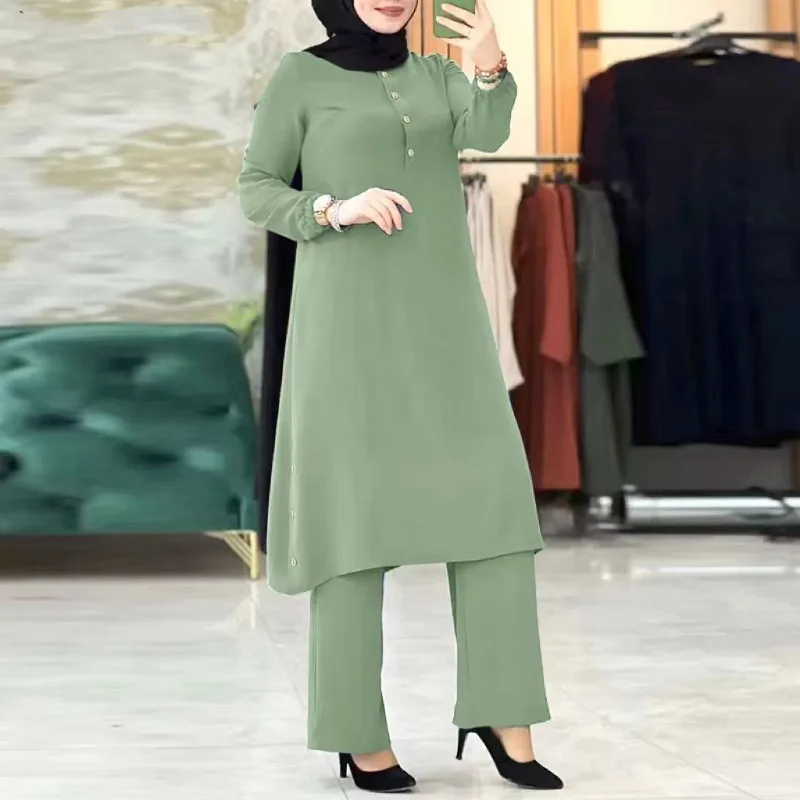 2023 New Solid Color Long-sleeved Islam Abaya Dress Side Seam Decorative Wooden Buckle Rubber Waist Abayas for Women Ladies Suit