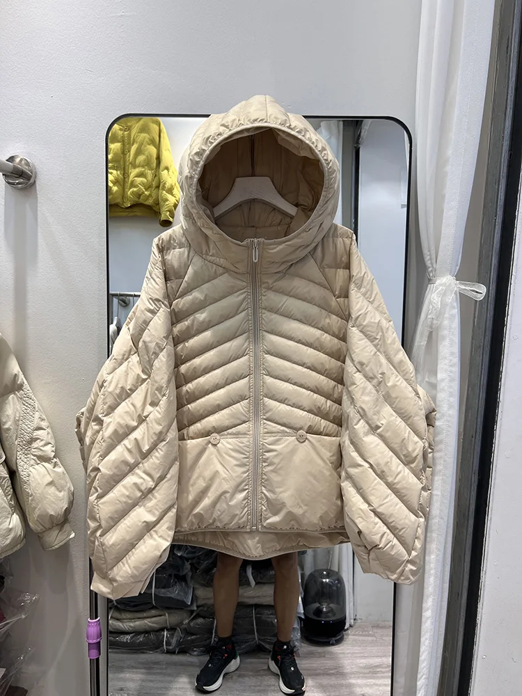 سترة نسائية قصيرة الطراز بتصميم مضلع لحم الخنزير مع قلنسوة كاجوال متعددة الاستخدامات من ريش البط الأبيض على الطراز الكوري معطف جديد للأسفل