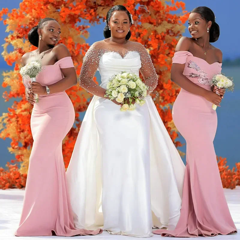 

Customized African Sheer Neck Shinny Beads Long Sleeves Wedding Dress Vestidos De Novia Vintage Plus Size Satin Bridal Gown