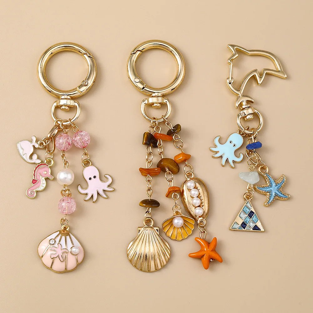 Nuevo llavero de estrella de mar de pulpo de concha de playa de verano, colgantes de llavero de vida marina para mujeres y niñas, decoración de bolso, regalos de joyería DIY
