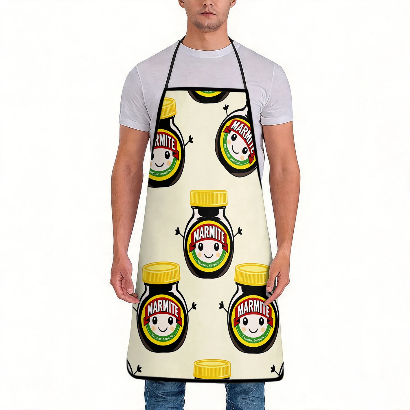 Delantal con Diseño de Botella de Salsa Marmite, Delantal con Patrón de Tarro de Marmite Antropomórfico, Delantal Creativo para Cocina y Repostería