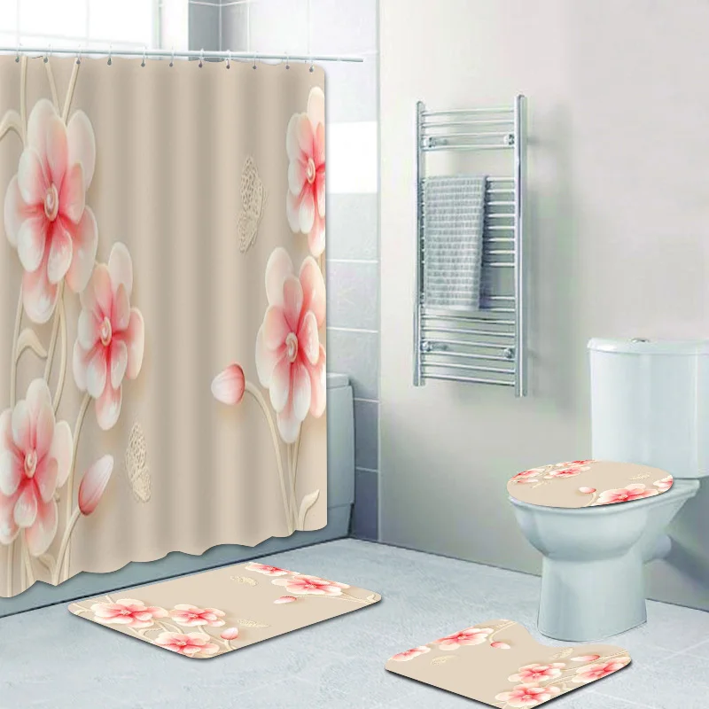 Floral Shower Curtain Waterproof Flowers With Pearl Fabric Bathroom Shower Curtain Sets With Rugs Polyester Shower Stall Surtain