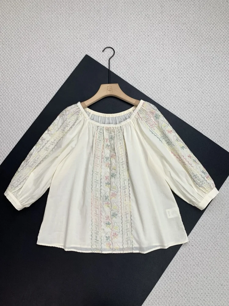 

2025 New Retro O-neck Eembroidered shirts Women Summer Blouses
