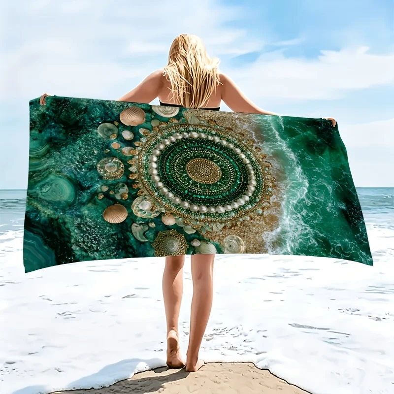Boho Microfiber Beach Towel 1 Piece Set 2D Flat Printed Sandproof Waterproof Green Sea Pearl Shell Travel Pool Towel Holiday