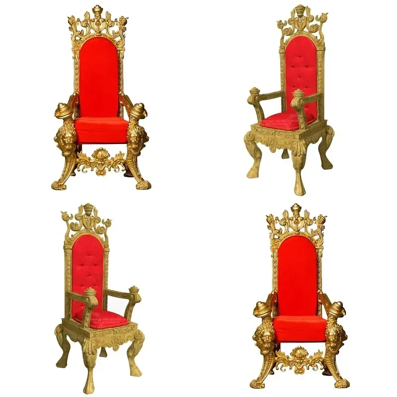 Royal Classical European Style Single Seat High Back King Chair Handmade Wood Carving Red Fabric for Villa Living Room