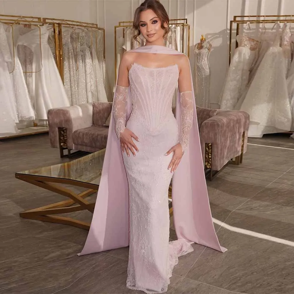 Robes de fête d'anniversaire exquises, en Jersey, gaine/colonne, robe de soirée, rose, sans bretelles, châle en dentelle, robes de bal longues, 2025