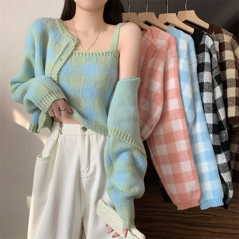 Women Knitted Cardigan Milk Glutinous Wind Strap Vest New Milk Series Wear Two Piece Set Fashion Versatile Spring Top