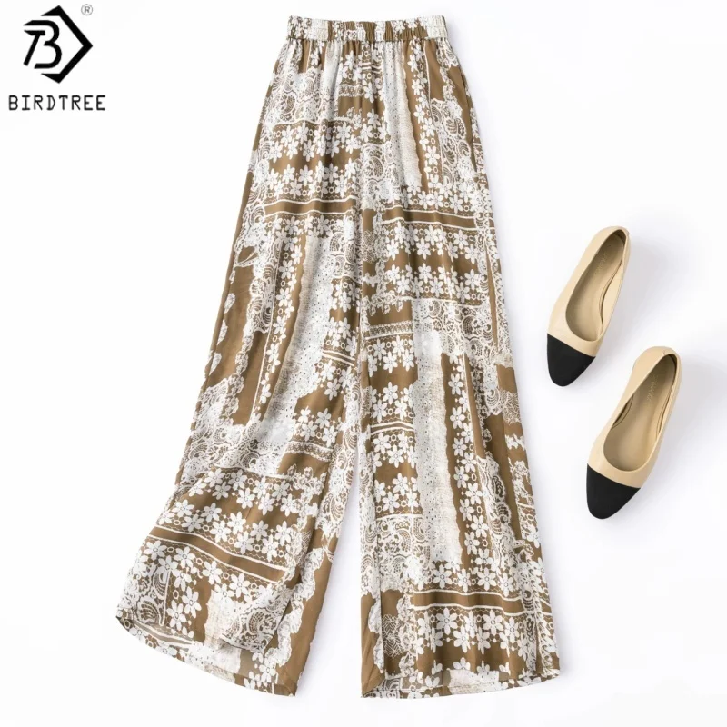 

Birdtree, 100% Silk Print Pants, With Pocket, Women Double Crepe Vacation Wide Leg Trousers, Elastic Waist, 2026 New P65505JF
