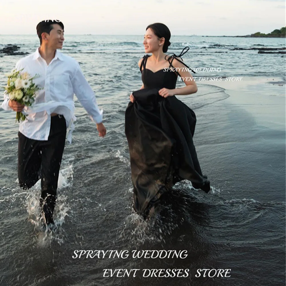 SPRAYING Simple Black A-line Wedding Dresses Sweetheart Spaghetti Strap Collar Floor-Length Korea Bridal Gown Photo Shoot