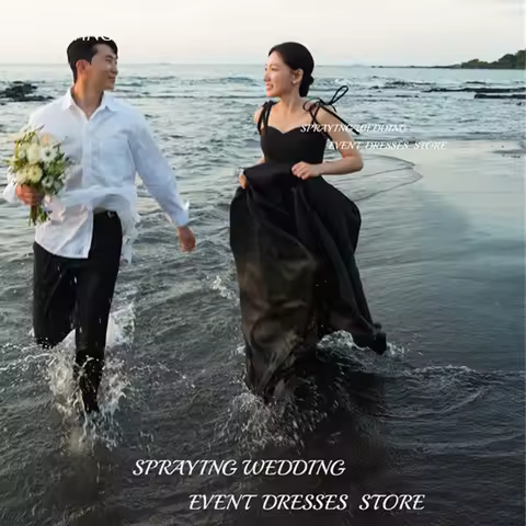 스프레이 심플 블랙 A 라인 웨딩 드레스, 연인 스파게티 스트랩 칼라, 바닥 길이, 한국 신부 가운, 사진 촬영
