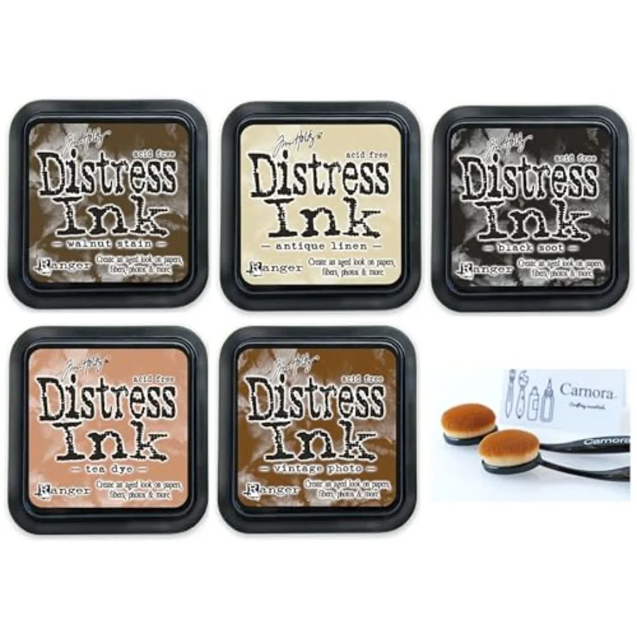 

Набор чернильных подушечек Tim Holtz Distress Ink Pads, 3x3 дюйма, 5 цветов, с 2 кистями Carnora, оттенки: Vintage Photo, Walnut Stain, Antique Linen, Tea Dye, Bla