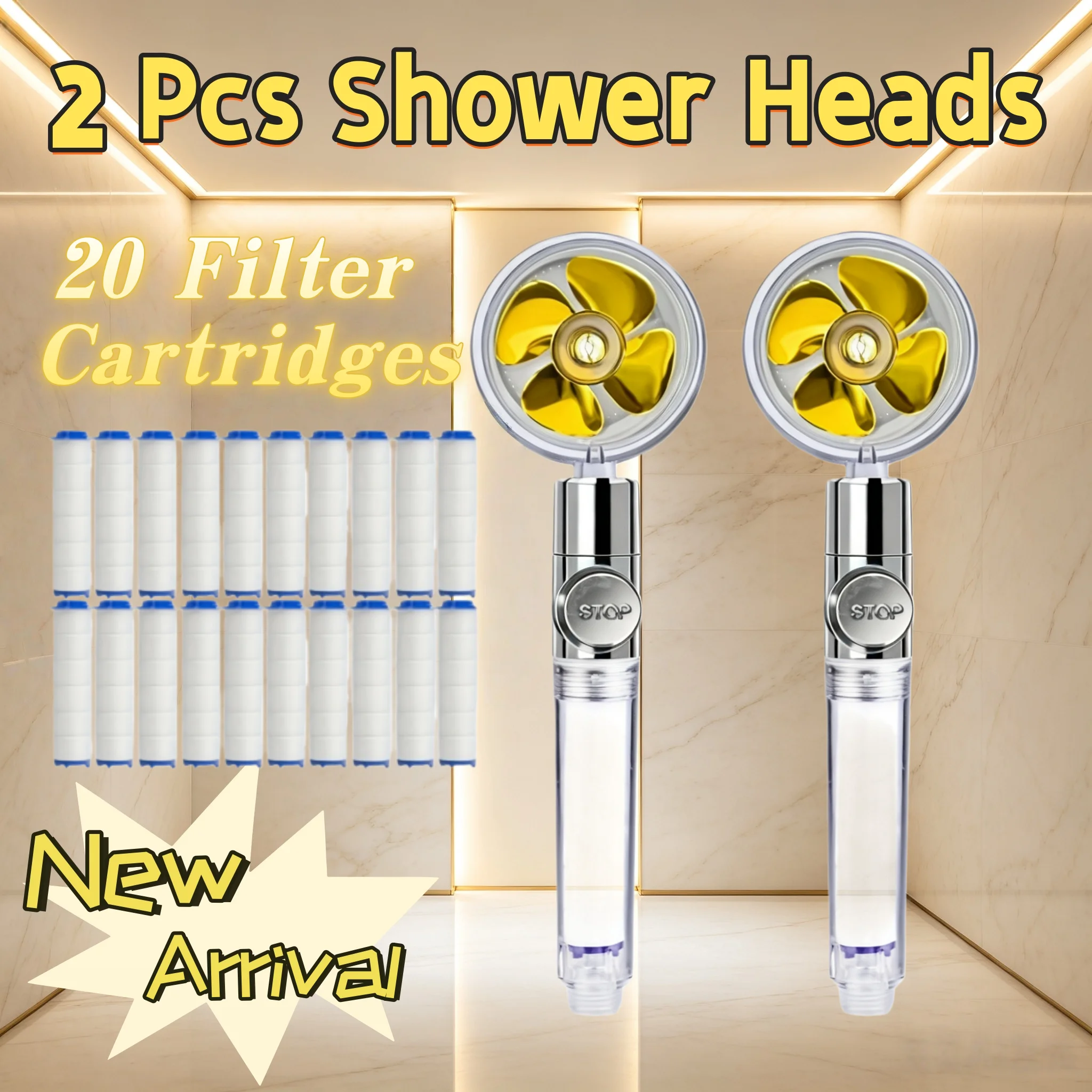 2Pcs Gold Fan High Pressure Shower Head Boost 360° Rotate Water Save One-Click Stop Built-In Filter 20/10/0 Cartridges Home RV