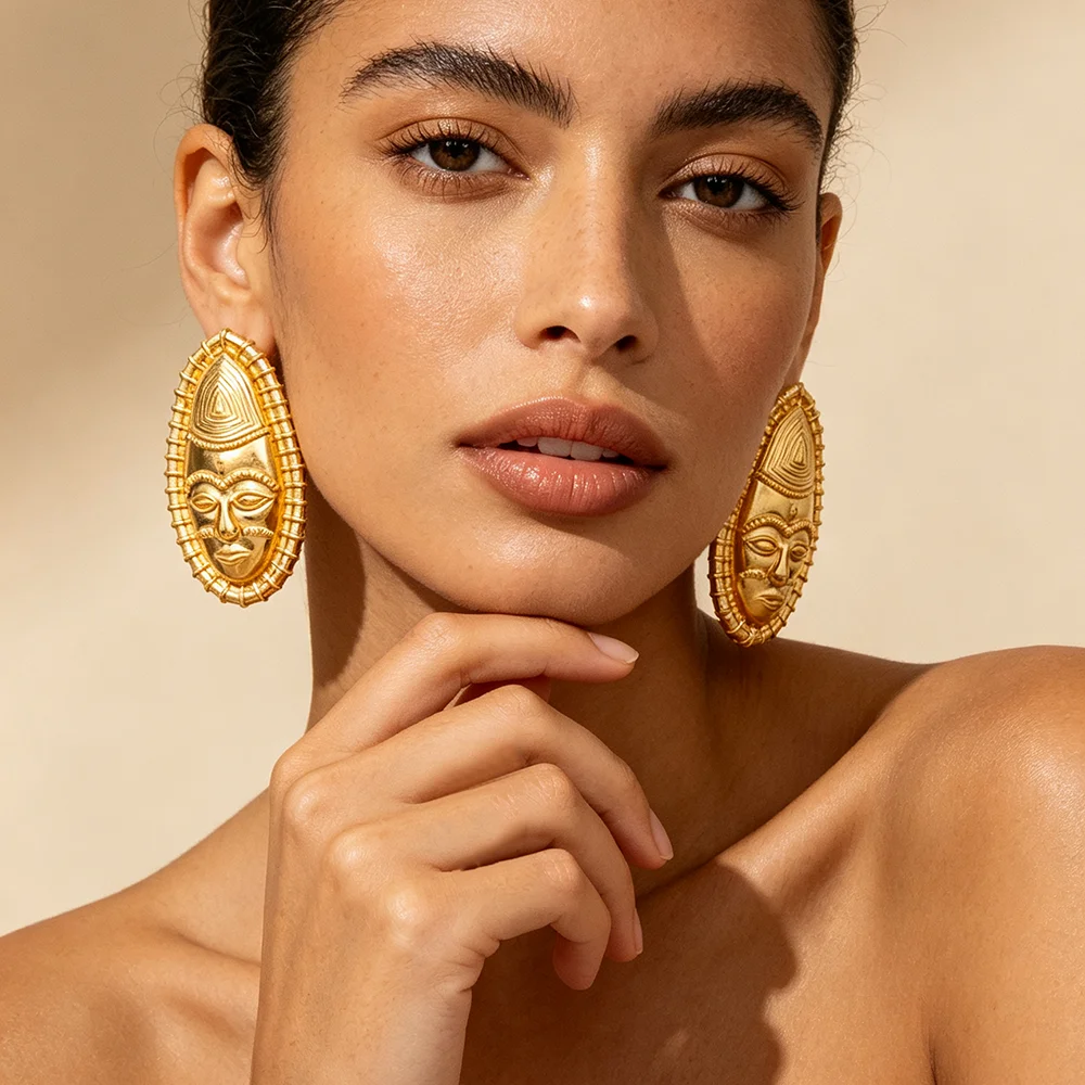 Damen-Set aus 18K vergoldeten afrikanischen Tribal-Masken-Ohrringen und -Ring, ethnischer Statement-Schmuck, Geschenk für Party und Hochzeit – Detail 2