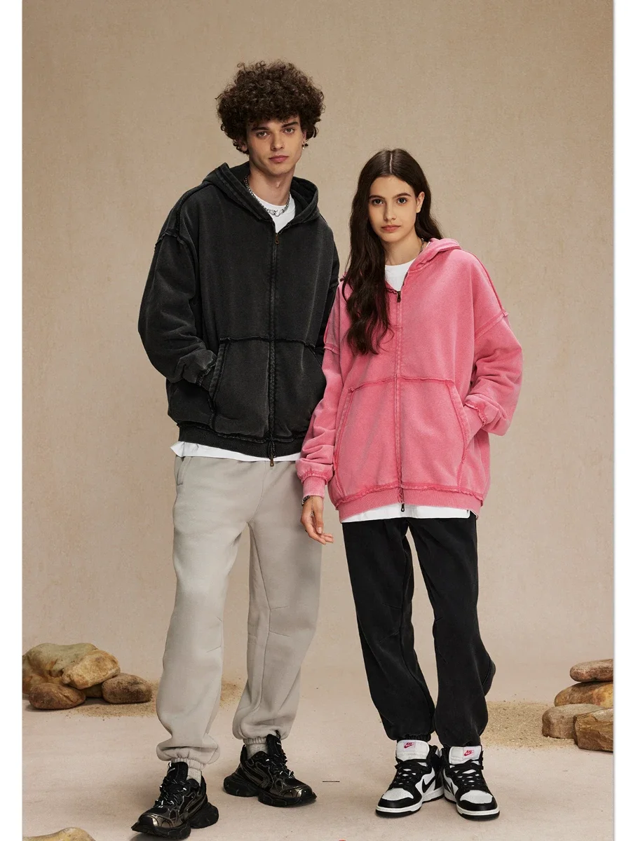 

Sumuyoo Autumn Winter New 450g/㎡ Retro Loose Edge Double Head Zipper Hoodie Couple Thicken Fleece Warm Fashion Sports Jacket