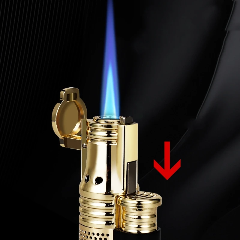 LUBINSKI Metal Single Fire Cigar Special Lighter with Blue Flame Direct Spray Windproof Belt and Cigar Drilling Collection Gift