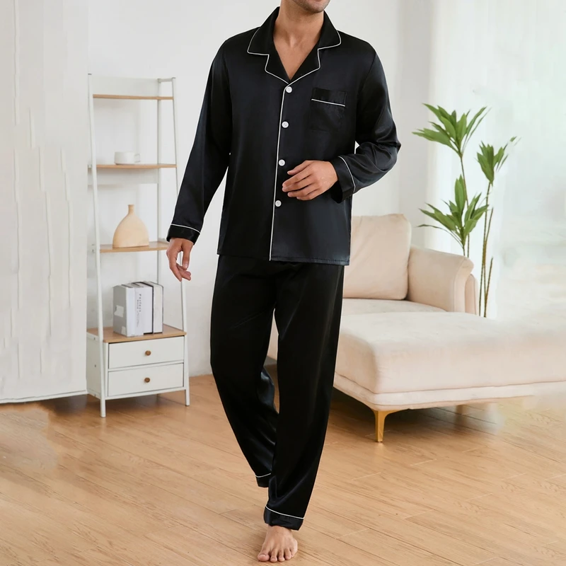 Men Sleepwear Autumn Pajama Sets Long Sleeve Tops with Trousers Pajama Pj Sets Soft and Comfortable Satin Pajamas Loungewear Set