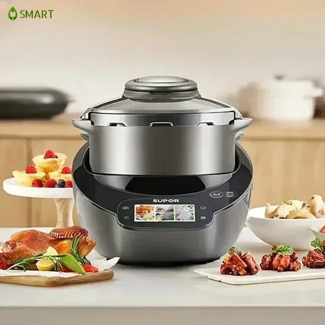 New home automatic multifunctional kitchen robot for frying, pressure cooking and cooking.