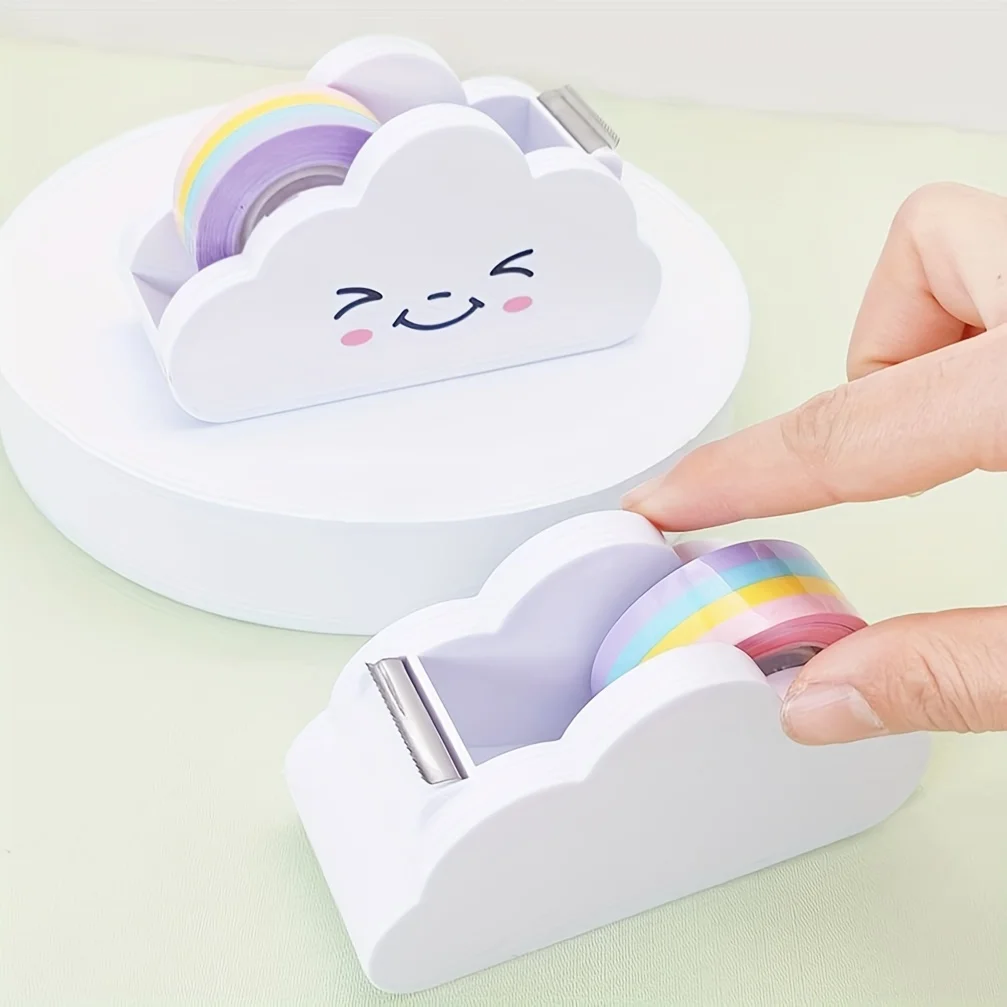 Desktop Cloud Design Tape Dispenser Cutter with Rainbow Tape Roll, Practical Stationery for Home Office & School Desk