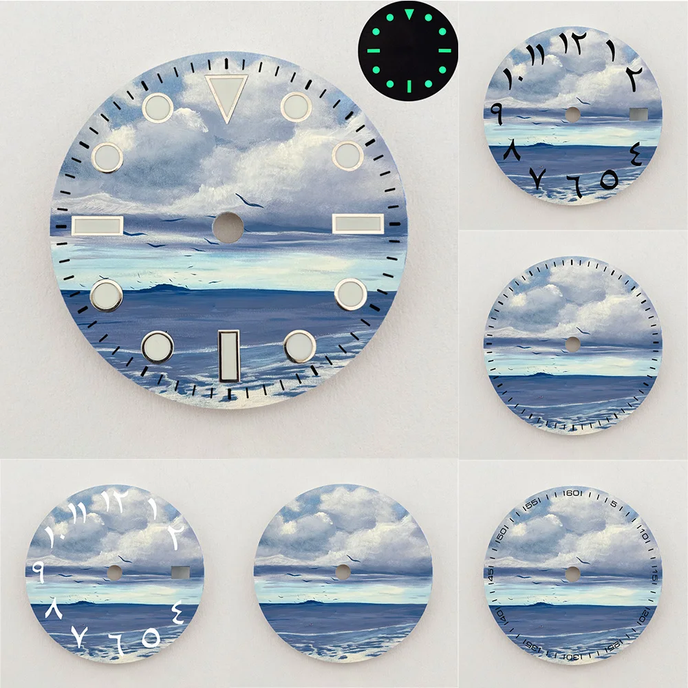 28.5mm NH35 Dial Ocean Seaside Sky Oil Painting Dial Green Luminous Dial Color NH36 Dial Watch Accessories Fits NH35/36 Movement